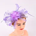 Elegant purple mesh fascinator with feathers for weddings and tea parties on mannequin - Light Purple