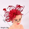 Detail view of wine red mesh and feather fascinator headpiece with dimensions and weight. - Burgundy