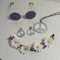 Hippie costume accessory set with peace sign necklace, round sunglasses, and daisy headband - One Size / Clip-on Earrings / Silver