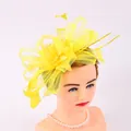 Close-up of elegant yellow mesh feather hair fascinator for bridal banquets - Yellow