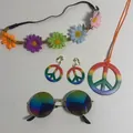 Detailed view of hippie costume set with rainbow peace signs and daisy flower crown. - One Size / Clip-on Earrings / Colorful