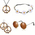 Hippie accessory set with peace sign necklace, earrings, sunglasses and daisy headband - One Size / Leopard Print