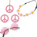 Pink hippie accessory set with round sunglasses, peace sign jewelry and daisy headband - One Size / Pink