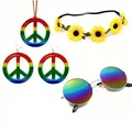 Hippie costume accessory set with rainbow peace sign jewelry, sunflower headband, and sunglasses - One Size / Multicolor Gradient