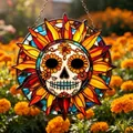 Vue détaillée de l'effet vitrail sur l'ornement soleil tête de mort du Jour des Morts. - 15CM / Multicolore