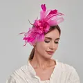 Vibrant fuchsia mesh and feather fascinator headband for elegant bridal party wear - Headband Fascinator / Rose Red