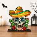 Mehrschichtige Holzdekoration zum Tag der Toten mit Zuckerschädel und Sombrero. - Gelber Sombrero Schädel Stil (C)