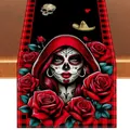 Vista dettagliata del runner da tavola Giorno dei Morti con donna teschio e rose rosse - Stile Donna Teschio Con Cappuccio Rosso (1) / 33x90cm
