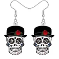 Boucles d'oreilles tête de mort Halloween en acrylique avec chapeau et rose rouge - Style 6