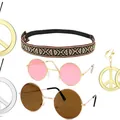 Set di accessori per costume hippie con occhiali tondi ciondoli della pace e fascia - Set da 6 pezzi / Set da 6 Pezzi Segno della Pace (PJ9817-12)