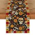Totenkopf Tischläufer zum Tag der Toten mit Ringelblumen für Esszimmerdekoration. - 33x90cm / Schwarze Basis Mit Buntem Druck