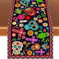 Runner da tavola Giorno dei Morti con teschi di zucchero colorati e fiori di calendula - 183cmx33cm / Stile Colibrì e Teschio Nero (Style 3)