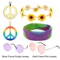 Set costume hippie con collane segno della pace, fascia girasole e occhiali da sole tondi - Set da 6 pezzi / Set da 6 Pezzi Segno della Pace - Occhiali Perso 1