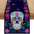 Runner da tavola Giorno dei Morti con teschio di zucchero e motivi floreali vivaci - 183cmx33cm / Stile Teschio Grande Blu Scuro (Style 4)