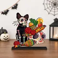 Tag der Toten 3D-Holzornament Katze und Zuckerschädel für Schreibtischdekoration - Katzen und Schädel Kombi-Stil (D)