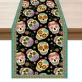 Bunter Tischläufer mit mexikanischem Zuckerschädel-Muster für festliche Küchentischdeko - 33x90cm / Schwarzer Schädel mit Blumen (4)