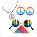 Set di accessori hippie con collana, orecchini e occhiali arcobaleno segno di pace. - Set da 4 pezzi / Set da 4 Pezzi Segno della Pace (PJ9820-1)