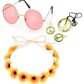 Set costume hippie con occhiali rosa, gioielli simbolo della pace e fascia girasole. - Set da 4 pezzi / Set da 4 Pezzi Hippie (PJ9114-2+ts8146-2+HH001761F)