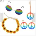 Set accessori costume hippie colorato con occhiali arcobaleno e fiori di girasole - Set da 4 pezzi / Set da 4 Pezzi Segno della Pace Girasole (PJ9838)