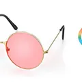 Occhiali da sole hippie tondi rosa con montatura dorata per feste in maschera - Set / Set Occhiali e Collana (PJ9114-2+PJ9718-1)