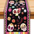 Festlicher Tischläufer zum Tag der Toten mit bunten Zuckerschädel- und Blumenmustern - 183cmx33cm / Bunter Floral Zuckerschädel Schwarz Stil (Style 6)