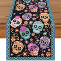 Tischläufer mit buntem mexikanischem Zuckerschädel- und Blumenmuster auf Leinen - 33x90cm / Geometrischer Schädel (6)