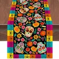 Dag van de Doden tafelloper met kleurrijke suikerschedels en goudsbloemen voor feesten - 33x90cm / Suikerschedel Goudsbloem Stijl (1)
