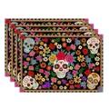 Set linnen placemats met kleurrijke suikerschedel en floraal Dag van de Doden patroon - 33*45cm (4 Stuks/Verpakking) / Patroon 2