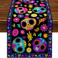 Totentag Tischläufer mit bunten Zuckerschädeln und Studentenblumen-Blumenmustern. - 183cmx33cm / Tropisches Blatt Zuckerschädel Schwarz Stil (Style 7)