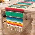 Runner da tavola messicano Serape tessuto a mano con strisce arcobaleno e nappe - 35x215cm / Verde Pavone