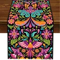 Close-up detail showing vibrant Bohemian Mexican floral pattern on a linen table runner - Style 7