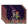 Set van 4 linnen placemats met kleurrijke suikerschedels en dansende skeletten decor - 33*45cm (4 Stuks/Verpakking) / Patroon 4