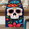 Vibrant Mexican sugar skull and floral pattern detail on a festive Day of the Dead table runner - 33*91cm / Rainbow