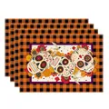 Festive sugar skull and floral pattern linen placemats with orange black plaid border - Pattern 5