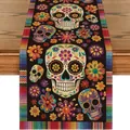 Detailed view of Mexican Day of the Dead table runner with sugar skull and colorful floral patterns - Black Mexican Stripe (YW258-8)