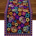 Tischläufer zum Tag der Toten mit bunten Zuckerschädeln und Ringelblumen auf schwarzem Grund. - 183cmx33cm / Dunkle Holzmaserung Und Wellenmuster Stil (Style 10)