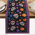 Detail view of Day of the Dead table runner with vibrant sugar skull and floral print - 33*91cm / Black