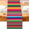 Close-up detail of vibrant Mexican Bohemian striped pattern on linen table runner cloth - Style 15