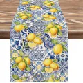 Macro detail of bohemian linen table runner featuring lemon print and blue tile pattern - Style 11