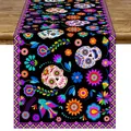 Chemin de table Jour des Morts avec têtes de mort en sucre et motifs floraux vintage - Style de Crâne 7