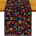 Close-up detail of the colorful floral and heart pattern on a black festive table runner - Style 7 / 183x33cm