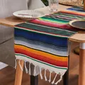 Detail of a colorful Mexican rainbow striped woven table runner with white fringe tassels. - 33*45cm+Tassel 10cm*2 70g / Dark Green
