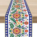 Macro detail of Mexican Bohemian linen table runner featuring colorful floral print design - Style 22