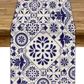 Détail d'un chemin de table en lin de qualité avec motifs floraux et oiseaux mexicains. - Style Ethnique Floral Bleu Crème (3)