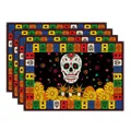 Colorful sugar skull and marigold linen placemat set for Day of the Dead festive dining - Pattern 10