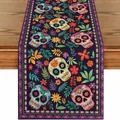 Detailed print of Day of the Dead sugar skulls and flowers on a linen table runner - Purple Skull Floral Print Style (4)