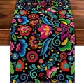 Detailed view of Mexican Bohemian linen table runner with vibrant floral print on black - Style 12