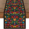 Vista detallada del vibrante camino de mesa floral mexicano sobre mesa de madera - Style-11 (Dark Embroidery Style Floral)