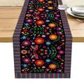 Detailed view of Mexican Bohemian table runner with vibrant floral and bird patterns. - Style 18