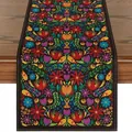 Vibrant Mexican folk art floral pattern on a durable linen table runner detail view. - Black Base Red Blue Symmetrical Floral Style (22)